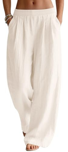 LOMON Womens Linen Pants Wide Leg Palazzo Summer Flowy Pants Beach Vacation Clothes Boho Travel Lounge Bottoms with Pockets (Apricot, S)