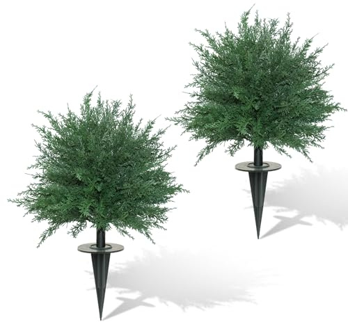 GOVIRAYE 24Inch Artificial Cedar Topiary Balls Trees 2-Pack Outdoor UV Resistant Lifelike Faux Shrubs Fake Bushes Plants with Ground Spikes for Front Door Garden, Porch & Indoor Decor
