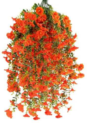 msymsyu 80cm Flores Colgantes Artificiales, 4Pcs Plantas Colgantes Artificiales Exterior, Flores Artificiale Exterior, Ideales para Interiores y Exteriores, Balcones, del Hogar (Naranja)