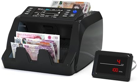 Detectalia V20 Banknotenzähler mit UV/MG/IR/MT/CIS Erkennung, 4,5” Touchscreen + Externes Display, Seriennummern-Lesung, Multiwährungs-Mischzählung (EUR/GBP/CHF/USD/SEK/PLN/TRY/DKK), 1200 Scheine/Min