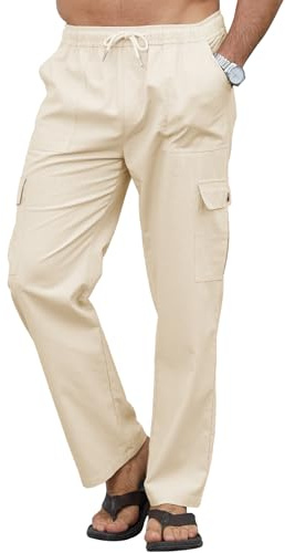 Aisprts Pantalon Cargo Homme Été en Lin Pantalon Légers avec Cordon et Taille Élastique, Idéal pour Les Voyages, Activités en Plein Air et Temps Chauds