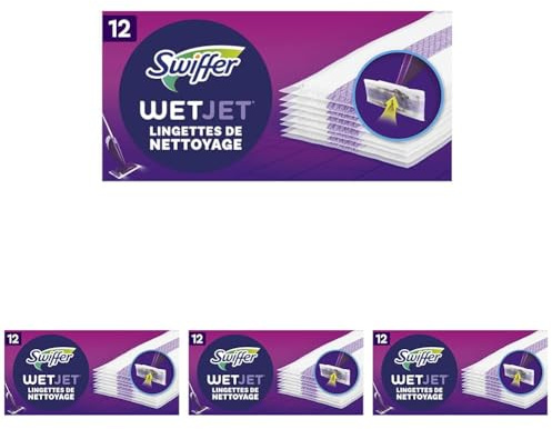 Swiffer WetJet 12 Recharges Jetables Nettoyantes Multi-Surfaces, Retient la Poussière et Saleté, Pour Tous Types de Sol, Sans Traces ni Résidus (Lot de 4)