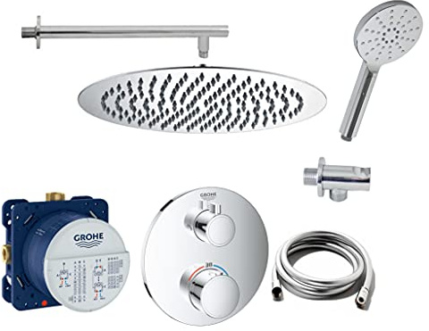 vanvilla Duschsystem mit Unterputz Duscharmatur von Grohe Grohtherm 2-Wege Thermostat und vanvilla Regendusche mit Armatur mit Thermostat, Duschkopf rund, Dusch-SET G10 poliert