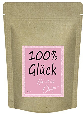 100% Glück für den Menschen der es verdient, dem Du Gutes wünscht - Teegeschenk von Christea - 70 g Früchtetee praktisch verpackt im Zip-Beutel