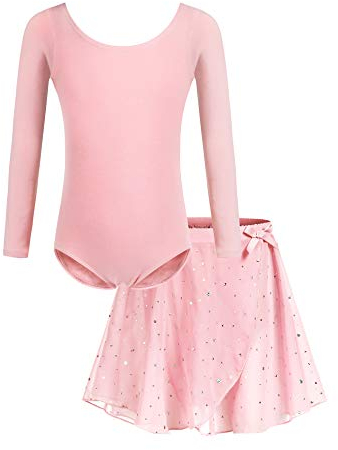 Bricnat Mädchen Ballettkleidung Kinder Ballettkleid Tanzbody Gymnastikanzug Balletttrikot Langarm Tanzkleid mit Tütü Kinder Baumwolle Rosa pink 140