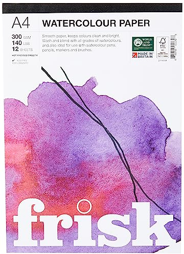 Frisk Blocco di carta per acquerello, 300 g/m², pressato a caldo/liscio, 12 fogli A4, bianco