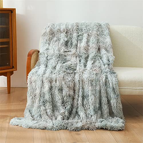 ENEN Manta Sofa/Cama Pelo Largo - Extra Suave Tie-Dye Manta Pequeña de Peluche, Manta Cubre Sofa Invierno Reversible con Piel Sintética Suave y Polar con Microfibra (80x120cm,Gris)