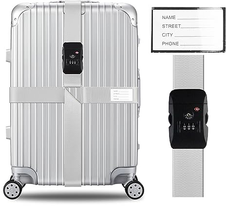 Veki Travel Cinghie per Valigia Incrociate Approvate TSA Cinghie per Imballaggio Regolabili con Tag con Nome e Carta ID Accessori da Viaggio (1 Pezzo, Argenteo)