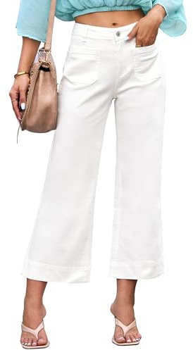 luvamia Wide Leg Jeans for Women Trendy High Waisted Flare Jeans Cropped Denim Pants Stretchy with Patch Pockets High Rise Flare Jeans for Women High Waist Pants Women Cream White Size 6