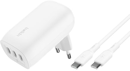 Belkin BoostCharge Väggladdare Med Tre USB-C Portar Och PPS 67 W, Snabbladdare För iPhone 15-Serien, MacBook Pro, AirPods, Galaxy, M.Fl., Kabel För USB-A Till C Medföljer