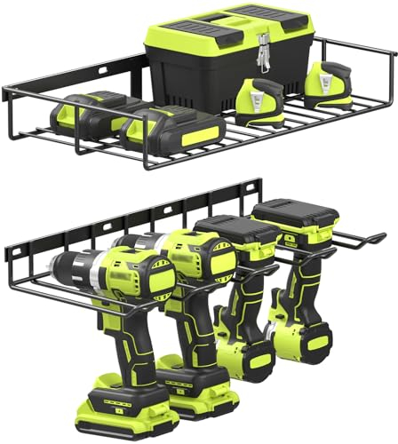 WELDUN Organizador de herramientas eléctricas de 2 niveles, estante de almacenamiento, soporte de pared, soporte para 4 herramientas de taladro, estante para herramientas inalámbricas, para garaje,