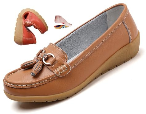 ZPLMIDE Mocasines ortopédicos para mujer de cuero transpirable, mocasines de cuero de ajuste ancho, mocasines clásicos con tacón de cuña, mocasines casuales sin cordones, zapatos de senderismo, Brown