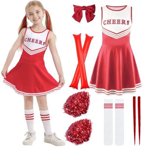 XLZJYIJ Disfraz de Animadora para Niños, Disfraz Cheerleader con Pompones, Barra de Gas, Accesorio para el Pelo y Calcetines, Traje Animadora Niña, Uniforme Porristas para Niñas para 8-14 Años