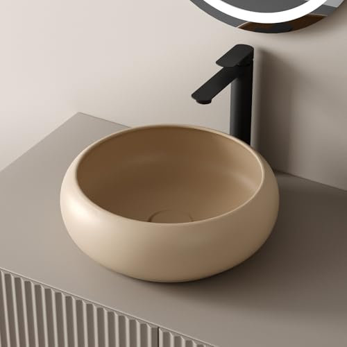 EMKE Lavabo para montar, Lavabo redondo de cerámica, 360 x 360 x 120 mm, instalación sobre encimera, beige mate, lavabo para baño y WC de invitados