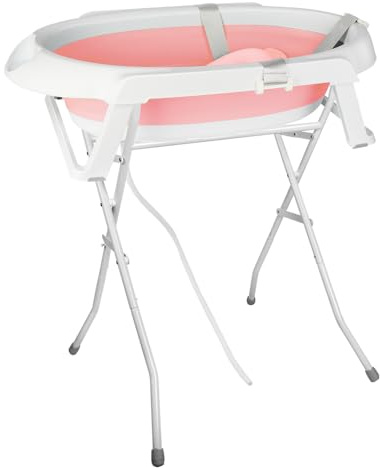 Babywanne mit Ständer Faltbare Baby Badewanne Set mit Gestell - Tragbare Rutschfeste Wanne für Neugeborene bis 3 Monate - Stützkissen inklusive-66 * 61 * 82cm – rosa