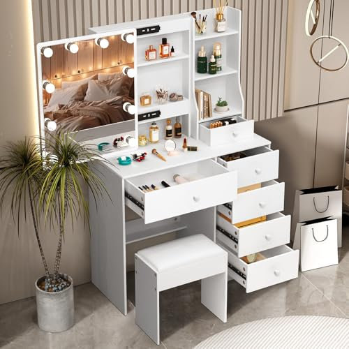Teousev Schminktisch mit Beleuchtung und Spiegel, Einstellbarer Helligkeit, Frisiertisch mit Hocker, Kosmetiktisch mit 6 Schubladen und 6 Ablagen, 80X36X131Cm, Weiß, JR411216