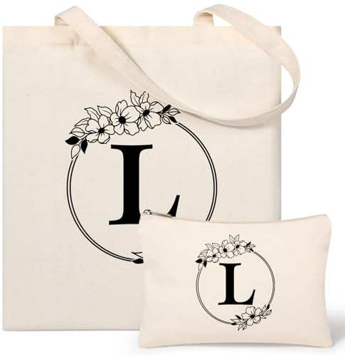 Tecanne Personalised Initial Canvas Tote Bag and Makeup Bag Set, 26 Letters Monogrammed Cotton Reusable Bags for Beach Travel Work School, Gift for Women Mum Teachers Nurses (L)
