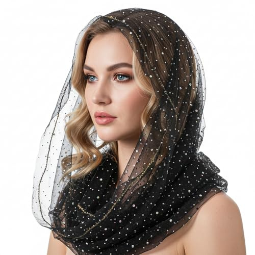 APLZGMG Fashion Head Scarf for Women Black Rhinestone Head Scarf for Women, 31.5 Inch Square Bandana, Sparkling 90s Style Hair Wrap & Shawl