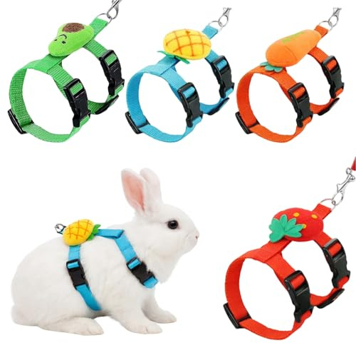 4 Stück Kaninchen Leine Hasenleine Geschirre & Halsbänder, Ananas Karotte Erdbeere Avocado Designs, Verstellbare Katzengeschirre für Erwachsene Haustiere, Robuste Hundeleine Alternative für Kaninchen