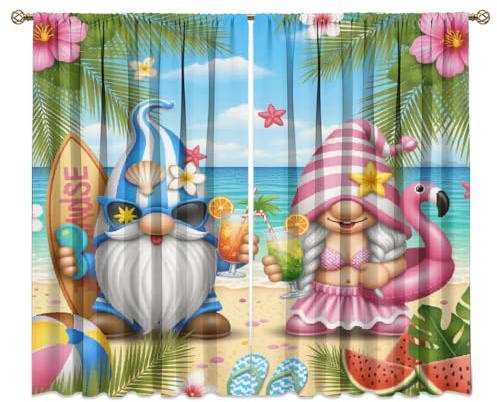 KuracleGH Summer Beach Dwarf Couple Rod Pocket Curtains-Tropical Seaside Palms Leaves Orchids Blackout Curtains & Drapes,Cartoon Cute Gnomes Room Darkening Window Curtain,2pcs,Each 36“W x 63”L