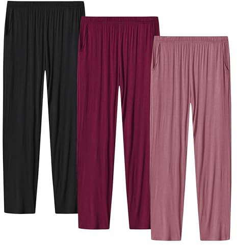 MoFiz Pantaloni Lunghi da Pigiama Donna Morbidi Pantaloni Larghi da Notte con Tasche per Yoga Jogging 3 Pack-E, S