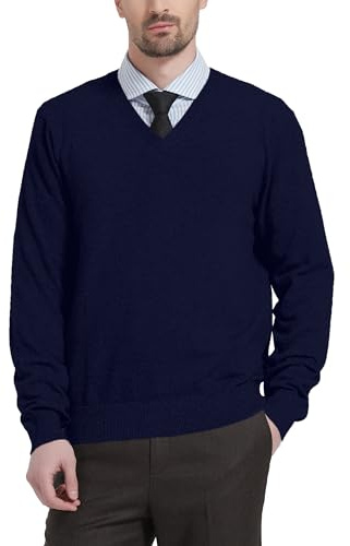 Kallspin Men's Wool Blend V-Neck Sweater Relax Fit Knit Pullover (Navy Blue, X-Large)