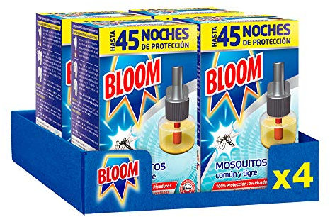 Bloom Líquido Recambio (pack de 4), insecticida eléctrico para mosquitos común y tigre, antimosquitos con fórmula concentrada sin perfume