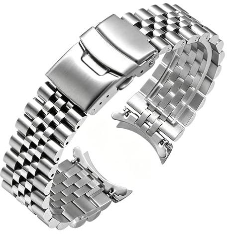 Juntan 20mm Watch Band Stainless Steel, Curved Ends Tapered Metal Watch Strap for Men Women, Jubilee Watch Bracelet Replacement Deployment Double Flip Lock Buckle Silver