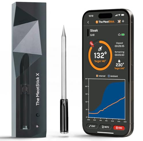The MeatStick Thermometer mit App I kabelloses Fleischthermometer mit 10m Reichweite I präzises Temperaturmessgerät bis 300°C I Grillthermometer mit 92mm Temperaturfühler inkl. Xtender-Ladegerät