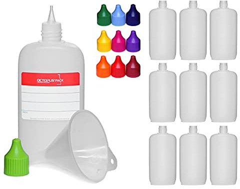 Octopus 10 Ovalflaschen aus HDPE, natur, Gewinde RD18, mit Deckel (mehrfarbig gemischt) und Trichter, 14g, Volumen 100 ml