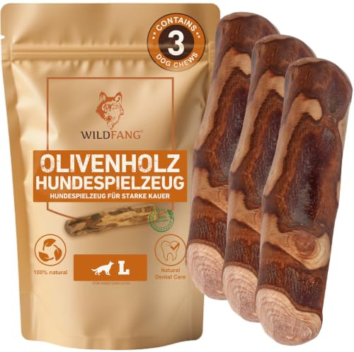 Wildfang® Tuggleksak av olivträ för hundar – Slitstarka leksaker för aggressiva tuggare, tandspridning hos valpar, tuggmuskler, tuggpinne av olivträ för stora hundar (över 25 kg), 3-pack