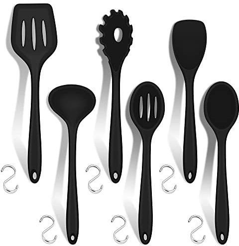 Joyfair Kitchen Utensils Set, 6 Piece Soft Silicone Cooking Utensils with 6 Hooks, Heat Resistant Kitchen Tools Include Spoon Turner Spatula for Non-Stick Cookware, Food Grade & Dishwasher Safe, Black