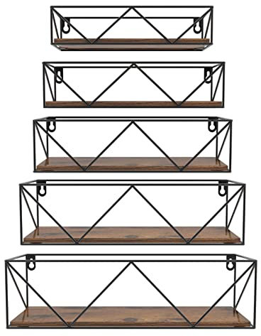 HORLIMER Wooden Shelves for Wall Set of 5, Floating Wall Shelf with Bars, Rustic Wall mounted Shelves for Bedroom Kitchen Bathroom Living Room