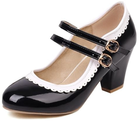 Scarpe Mary Jane da Donna con Tacco Largo, Pompe al Tallone Alto Punta Rotonda Gancio Orientabile Scarpe da Festa Bowknot Moda, Numero 32-48