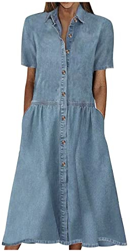 Women's Casual V-Neck Mid-Length Denim A-Line Pleated Midi Dress With Pockets - Solid Color Loose Comfy Summer Vacation Cover Ups