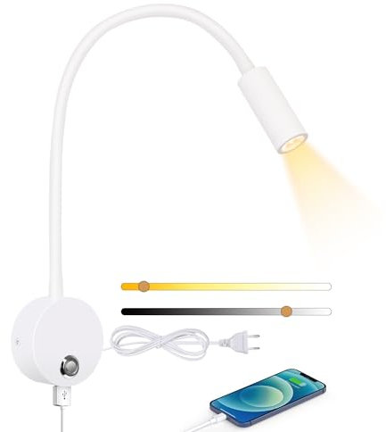 ERWEY Leselampe Wandmontage, Wandlampe mit Schalter Touch Dimmbar 3000K-6000K und USB-Ladeanschluss, 360° Schwenkbar Schwanenhals Lampe Bettlampe mit Stecker und Kabel für Schlafzimmer