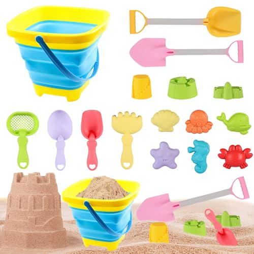 Sandspielzeug Sandförmchen Set,Sandkasten Spielzeug mit Faltbarer Eimer,Schloss Sandkasten Strandspielzeug Set mit Sand Förmchen,Spielstabil Sandspielzeug ab 1 2 3 4 5 Jahr Mädchen Junge