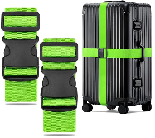 WISYOK Koffergurt 2 Stück, Kofferband Gurt Auffällig, Erweiterte Koffergurte Maximal 250cm, Sicher Kofferbänder, Robuster Koffer Gurtband, Luggage Strap für Reisen und Flugreise (Grün)