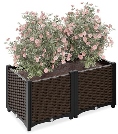 Relaxdays Pflanzkübel, Rattan-Optik, HBT: 38x80x40 cm, Garten, Balkon & Terrasse, Blumenkübel mit Wasserspeicher, braun