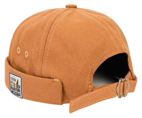 QKURT Mens Docker Hat, Summer Trawler Beanie Brimless Sailor Cap Rolled Cuff Worker Sailor Hat Adjustable Fisherman Docker Cap Brown