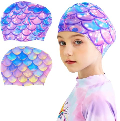 2 Paquetes de Gorros de natación para niños, Gorros de natación de Silicona para niñas, Gorros de baño Impermeables | Gorro de natación elástico para niños de 3 a 8 años