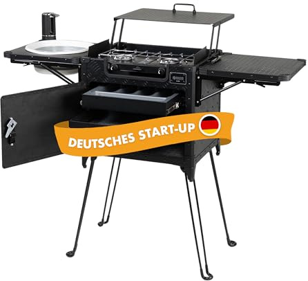 NATURBUMMLER Campingküche Faltbar [CompactCook+ 2.0] mobile Campingküche mit Gasherd, Spüle & Windschutz – inklusive Wasserpumpe, Besteckkasten & Stauraum – ideal für Vanlife, Reisen & Zelten