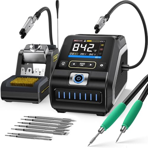 FNIRSI DWS-200 200W Precisione Digitale Stazione Saldatura Kit con 9 Punte (F210*3 e F245*6) e 2 Mani Assistente, 3 Memorie Temperature, Modalità Temperatura/Curva, Display TFT HD 2.8