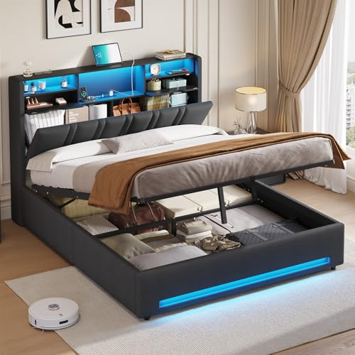 DICTAC 5ft King Size Ottoman Storage Bed with RGB LED Lighting, Upholstered Bed Frame with Charging Station & Bookcase Headboard, Hydraulic Lift Up Storage Bed, 150x200 cm for Larger Bedrooms
