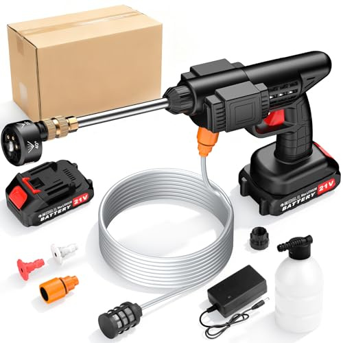 Hidrolimpiadora Bateria Portátil 45 Bar Limpiador de Alta Presión, Pistola de Agua a Presión con Batería, Boquilla 6 en 1, Manguera 5m, Pulverizador de Espuma, para Limpiar Coche, Terraza, Jardín