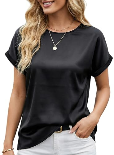 Lodnrimya Women's Short Sleeve Satin Blouse Casual Loose Crewneck Silk Shirts Summer Business Office Work Tops (A-Black, M)