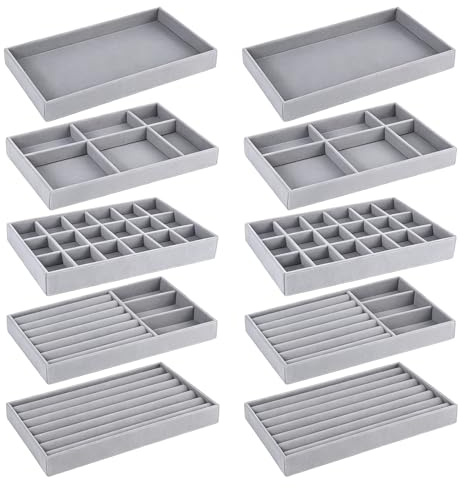 10 stycken smyckesbrickor, organisatör av sammet, stapelbar smyckesförvaring, förvaringslåda, smycken, arrangör, lådinsats för förvaring, presentera, halsband, armband, örhängen, ringar