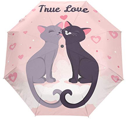 Rosa Liebe Kätzchen Katze Herz Regenschirm Taschenschirm Auf-Zu Automatik Schirme Winddicht Leicht Kompakt UV-Schutz Reise Schirm für Jungen Mädchen Strand Frauen