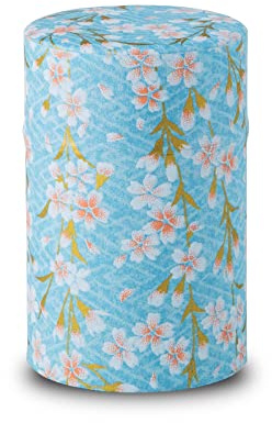 NOREN Japanese Tea Canister Tin (Yuzen Washi Paper), 3.5oz Size Made in JAPAN with Includes Inner Lid of Airtight Damp-Proof/Kitchen Jar for Loose Leaf Coffee Tea (Sakura of Kyoto/Blue)