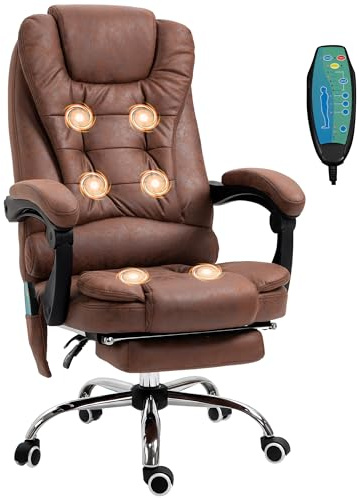 Vinsetto Ergonomic Massage Office Chair with 6-Point Vibrating & Heated Lumbar Support, Executive High Back Computer Desk Chair with Footrest, 135° Reclining, Breathable Microfiber Fabric, Brown